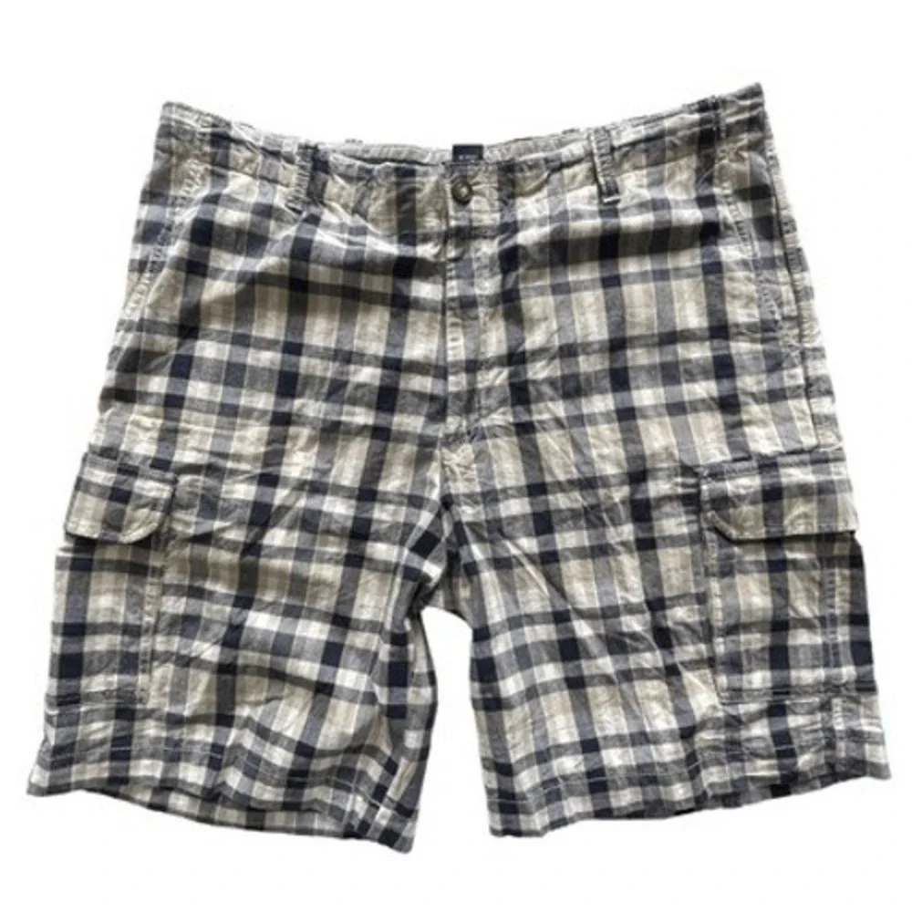 IZOD‎ Mens Plaid Cargo Shorts Navy Blue Tan White Cotton Size 38